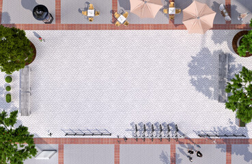 Top view of city square. Aerial fly drone view above city public park plaza from a height of flight. Town shot from above with trees, cafe tables, people on the street. Space for text. 3D illustration - obrazy, fototapety, plakaty