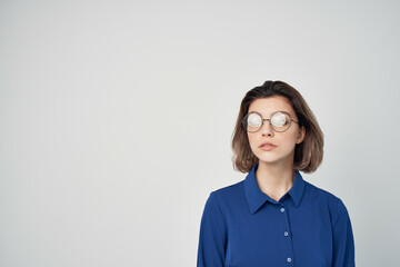 woman in blue shirt fashion posing elegant style