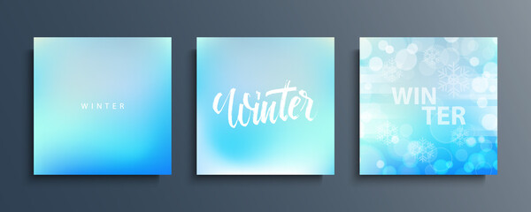 Winter blurred backgrounds set with hand drawn lettering. Winter season collection. Vector illustration.