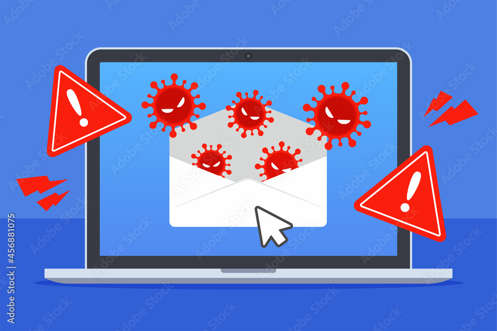 Poster computer viruses spread out from the email. system security warning on laptop. emergency alert of th