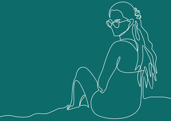 Beautiful young woman in dress is sitting on the sand of  beach near sea-continuous one line