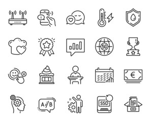 Vector set of Thoughts, Calendar graph and Ice cream line icons set. Winner cup, Call center and Blood donation icons. Customer satisfaction, Ab testing and Documents box signs. Vector