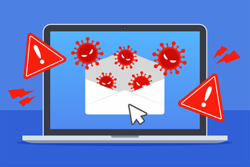 Computer viruses spread out from the email. System security warning on laptop. Emergency alert of threat by malware, virus, trojan, or hacker. Creative antivirus concept. Trendy vector flat style.