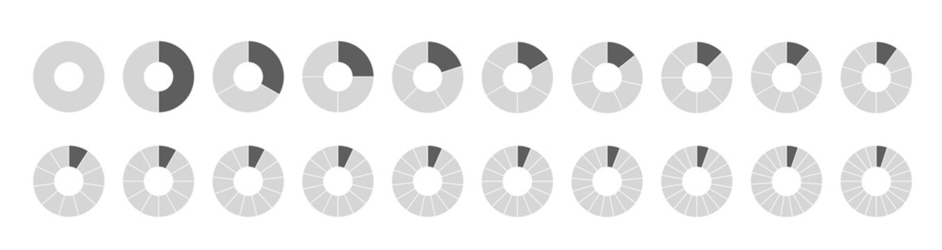 Segmented circles set isolated on a white background. Fraction big set, of wheel diagrams. Various number of sectors divide the circle on equal parts.