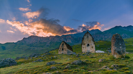 Family crypts on the mountain. North Ossetia Alania. The surroundings of the city of Fiagdon.