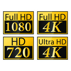 Full HD 1080 4K and 720 yellow signs on white background, vector illustration