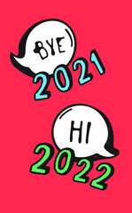 Hand Drawn Speech Bubbles with Text about New Year. Vector pop art object. Doodle elements for dialog