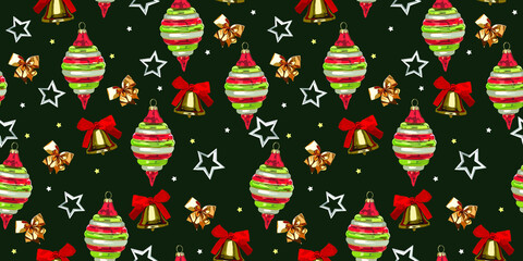 Christmas toys, bells and bows vector seamless pattern