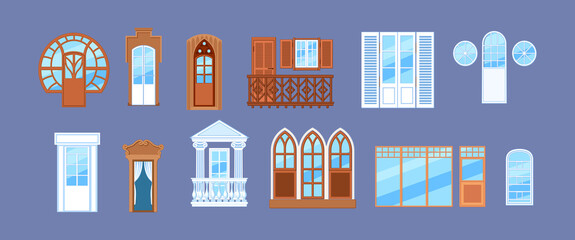 House exterior design with modern vintage balcony, building facade elements. Retro wood or wooden and plastic window frames. Home facade balconies with windows, doors retro decor