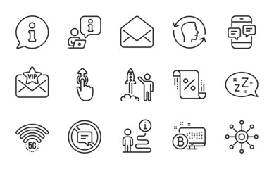 Technology icons set. Included icon as Face id, 5g wifi, Mail signs. Vip mail, Stop talking, Swipe up symbols. Launch project, Multichannel, Bitcoin system. Phone messages, Sleep. Vector
