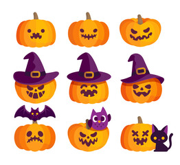 Set of funny Halloween pumpkins face decorated with witchcraft hat and horror bat,cat, owl vector illustration.Flat design icon.