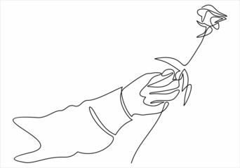 One continuous line drawing of hand holding beautiful rose flower.