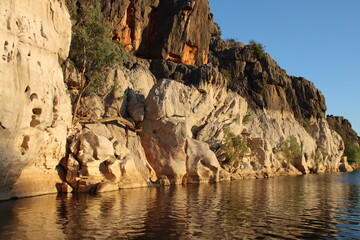 Cruising on the Fitzroy River in the Danggu Geikie Gorge National Park in the Kimberley region of Western Australia.