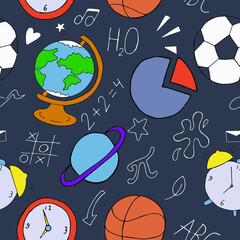 round school items - globe, ball, diagram on a blue background, vector colored seamless pattern in doodle style