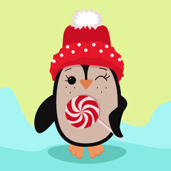 Cute penguin in a red hat with a lollipop on a stick on a snow background