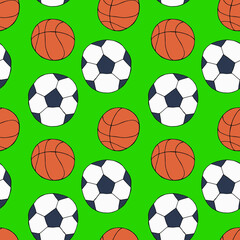 soccer and basketball ball on green background, vector colored seamless pattern in doodle style