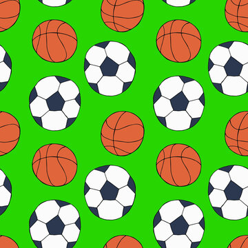 soccer and basketball ball on green background, vector colored seamless pattern in doodle style © pechenka_123