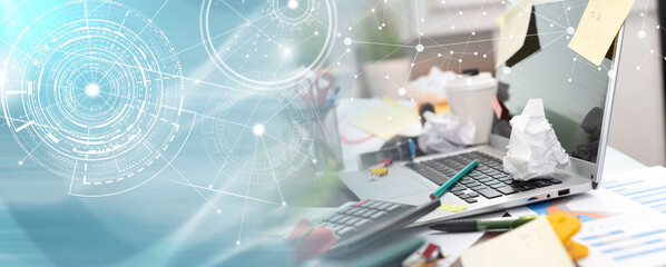 Messy and cluttered desk; panoramic banner