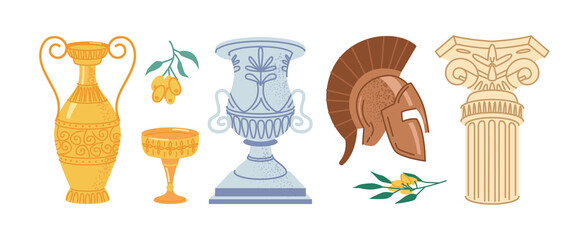Antique Greek objects isolated flat cartoon icons set. Vector retro marble column, helmet and classic amphora, golden goblet and olives branch. Pillar landmark, greece and roman exhibition objects