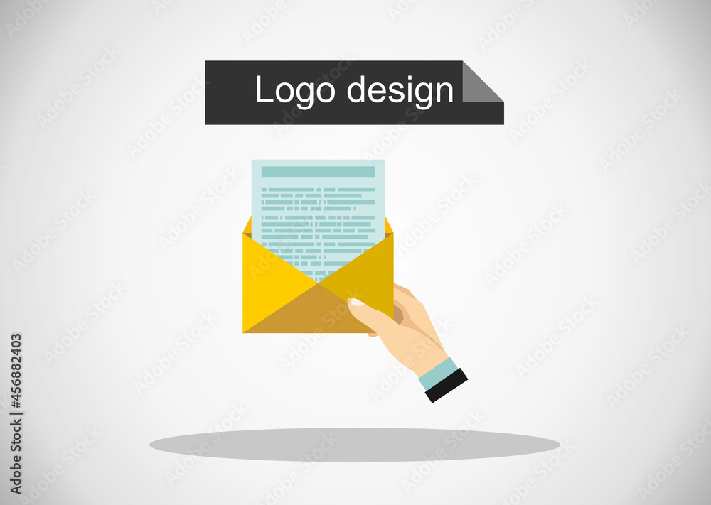 Poster icon of new open mail envelope. hand of man holds email icon or message. icon of open mail envelope.
