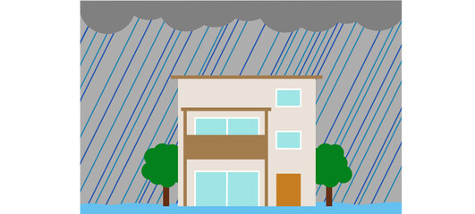 大雨が降って床上浸水する家
