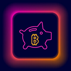 Glowing neon line Piggy bank bitcoin icon isolated on black background. Icon saving or accumulation of money, investment. Colorful outline concept. Vector