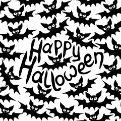 Vector frame with vampire bats and Happy Halloween lettering. Border, decor for greeting card, invitation, party poster in flat style
