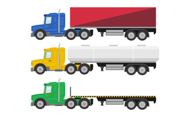 Semi truck set vector mockup on white for vehicle branding, corporate identity.