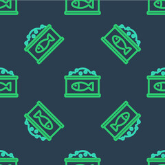 Line Tin can with caviar icon isolated seamless pattern on blue background. Vector