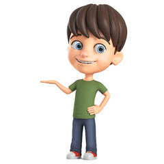 Cheerful cartoon character of a little boy in a green T-shirt shows an empty palm on a white background. 3D rendering. Children's illustration.