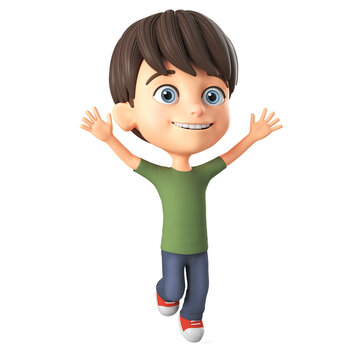 Cheerful cartoon character of a little boy in a green T-shirt jumping on a white background. 3D rendering. Children's illustration.