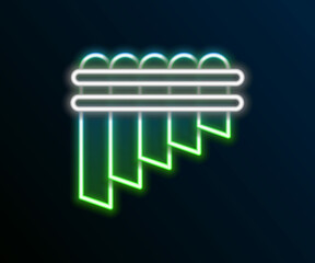 Glowing neon line Pan flute icon isolated on black background. Traditional peruvian musical instrument. Zampona. Folk instrument from Peru, Bolivia and Mexico. Colorful outline concept. Vector