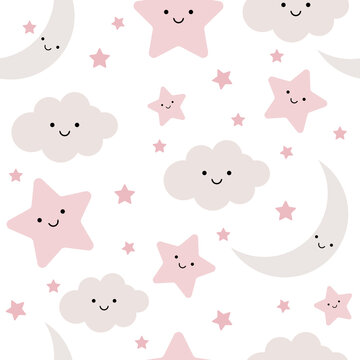 Fototapeta Seamless pattern cute baby shower clouds, stars and moon with faces