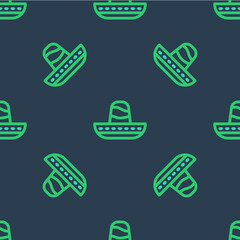 Line Traditional mexican sombrero hat icon isolated seamless pattern on blue background. Vector