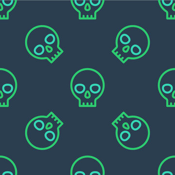 Line Human skull icon isolated seamless pattern on blue background. Vector