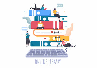 Online Library Digital Education Background with Distance Learning, Recorded Classes, Video Tutorial to Gain Knowledge. Flat Design Vector Illustration