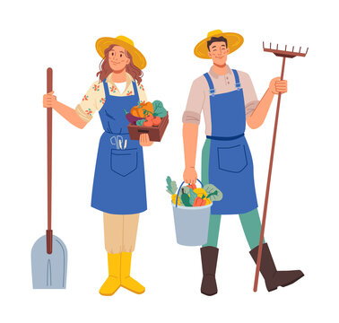 Farmer gardener man woman profession occupation isolated flat cartoon characters. Vector agriculture, farm and garden workers in aprons, with harvest in hands and gardening equipment spade and rake