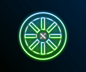 Glowing neon line Old wooden wheel icon isolated on black background. Colorful outline concept. Vector