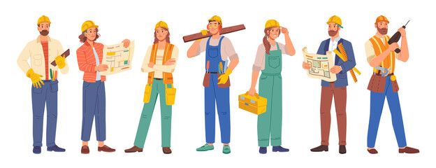Workers professions isolated flat cartoon people set. Vector builders and architects, repairman and engineers, women and men industrial worker in uniform. Project managers, and employees in helmets