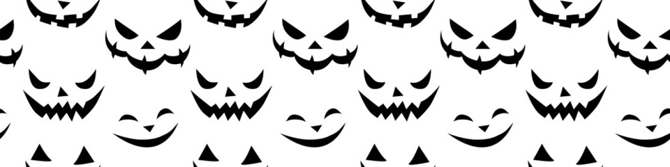 Seamless pattern of smiling faces ghosts in flat style. Vector Halloween's texture or background for party, poster, invitation, any design. Danger animal. Black and white, isolated