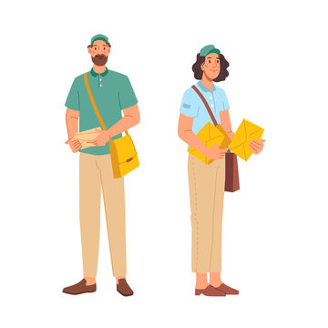 Postman or mailman letter-carrier isolated flat cartoon characters man and woman in uniform. Vector postie job professional, courier or deliveryman with bag and paper parcels, post office workers