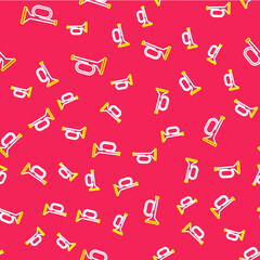 Line Trumpet icon isolated seamless pattern on red background. Musical instrument trumpet. Vector