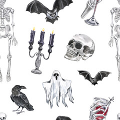 Halloween themed holiday print. Seamless pattern with watercolor skull, bat, skeleton, ghost, raven, candles. Vintage goth style digital paper. - obrazy, fototapety, plakaty