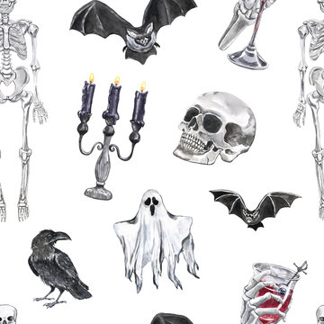 Halloween themed holiday print. Seamless pattern with watercolor skull, bat, skeleton, ghost, raven, candles. Vintage goth style digital paper.