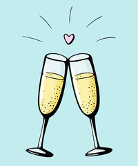 Vector doodle hand drawn illustration of two champagne glasses couple love drink cheers wineglasses sparkling wine on white background. Valentines day greeting card, anniversary celebration poster
