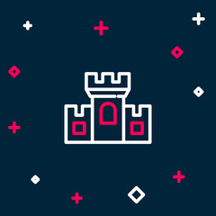 Line Castle icon isolated on blue background. Medieval fortress with a tower. Protection from enemies. Reliability and defense of the city. Colorful outline concept. Vector