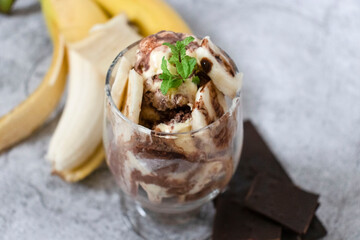 Chocolate banana ice cream. On gray and tree background