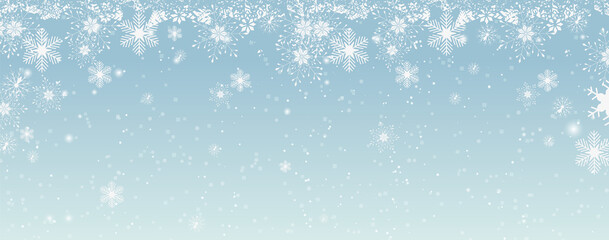 Natural Winter Christmas background with blue sky, heavy snowfall, snowflakes in different shapes and forms, snowdrifts. Winter landscape with falling christmas shining beautiful snow. vector.