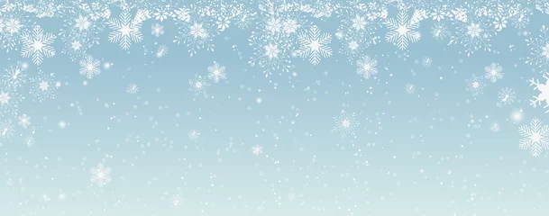 Foto op Plexiglas Natural Winter Christmas background with blue sky, heavy snowfall, snowflakes in different shapes and forms, snowdrifts. Winter landscape with falling christmas shining beautiful snow. vector. © kasheev