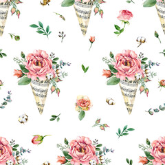 Beautiful flowers seamless pattern on white background. botanical print with watercolor pink flowers, green leaves with floral bouquet in a cone.